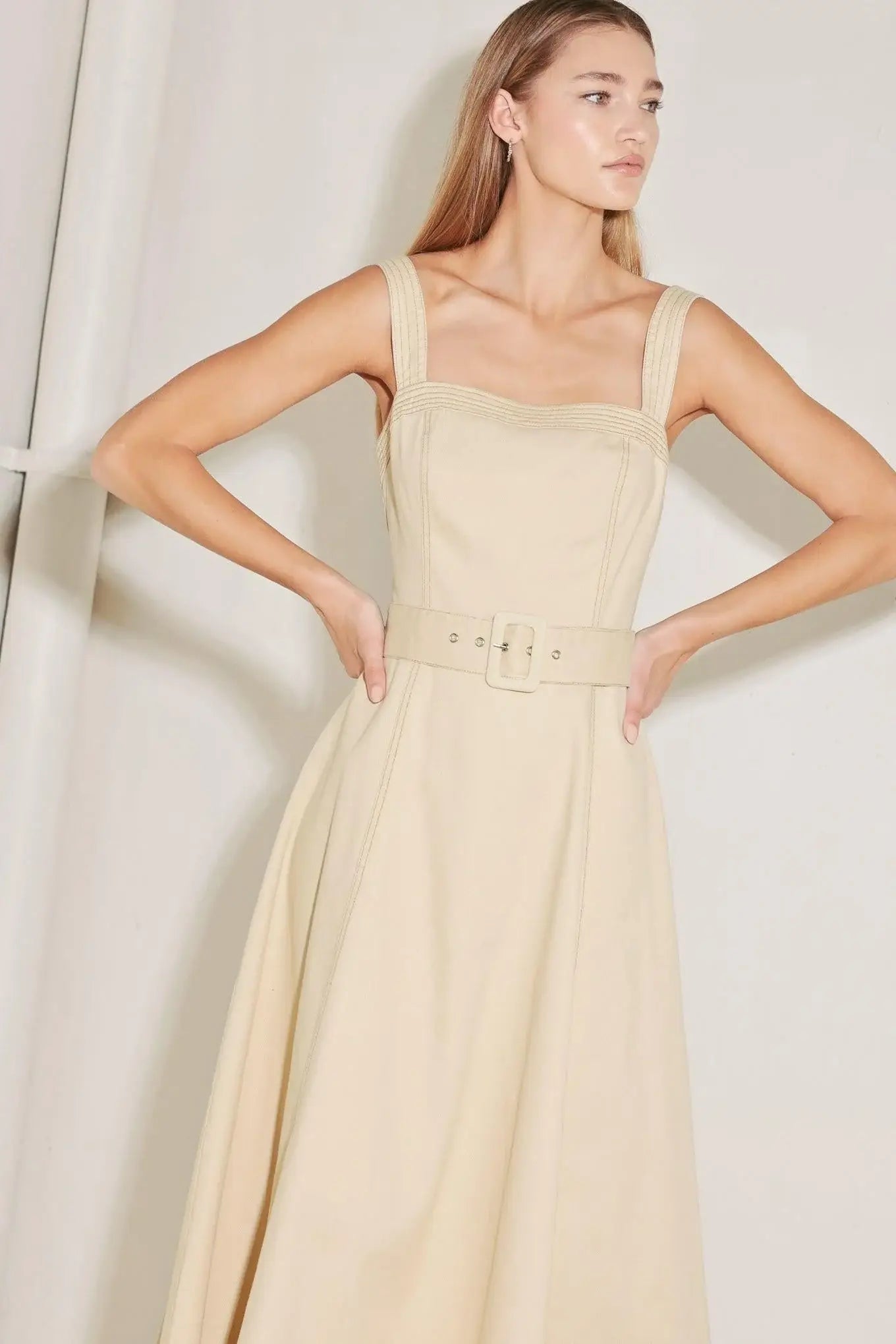 ELEVATED NEUTRAL WOVEN MIDI DRESS - Flying Tomato - Flyclothing LLC