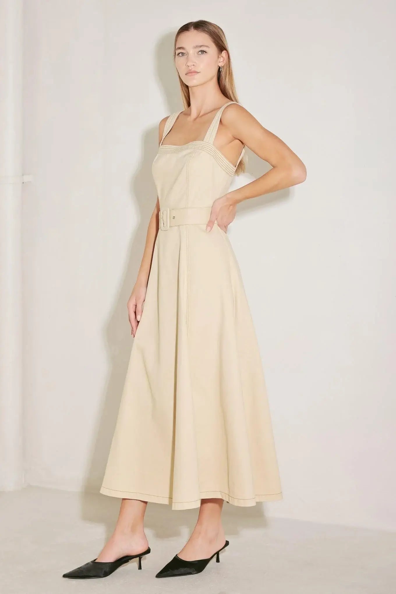 ELEVATED NEUTRAL WOVEN MIDI DRESS - Flying Tomato - Flyclothing LLC