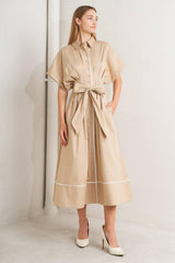 CATCH YOU LATER KHAKI WOVEN MIDI DRESS - Flying Tomato - Flyclothing LLC