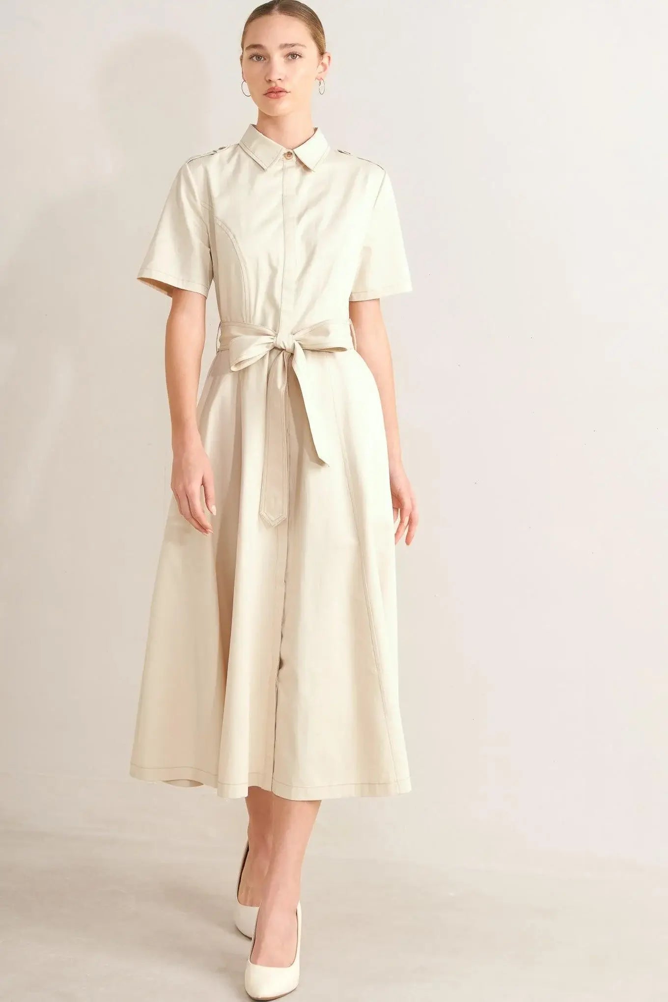 SANDSTONE GRACE WOVEN MIDI SHIRT DRESS - Flying Tomato - Flyclothing LLC