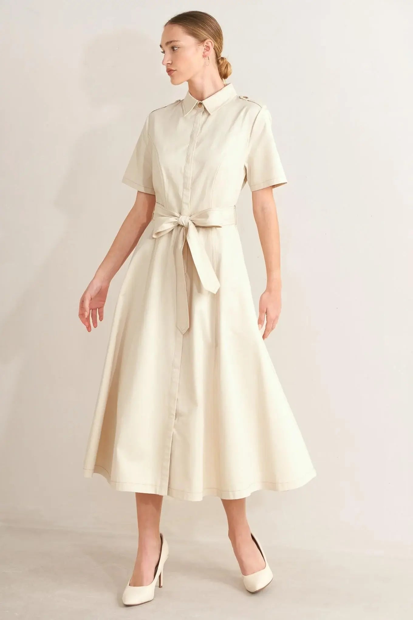 SANDSTONE GRACE WOVEN MIDI SHIRT DRESS - Flying Tomato - Flyclothing LLC