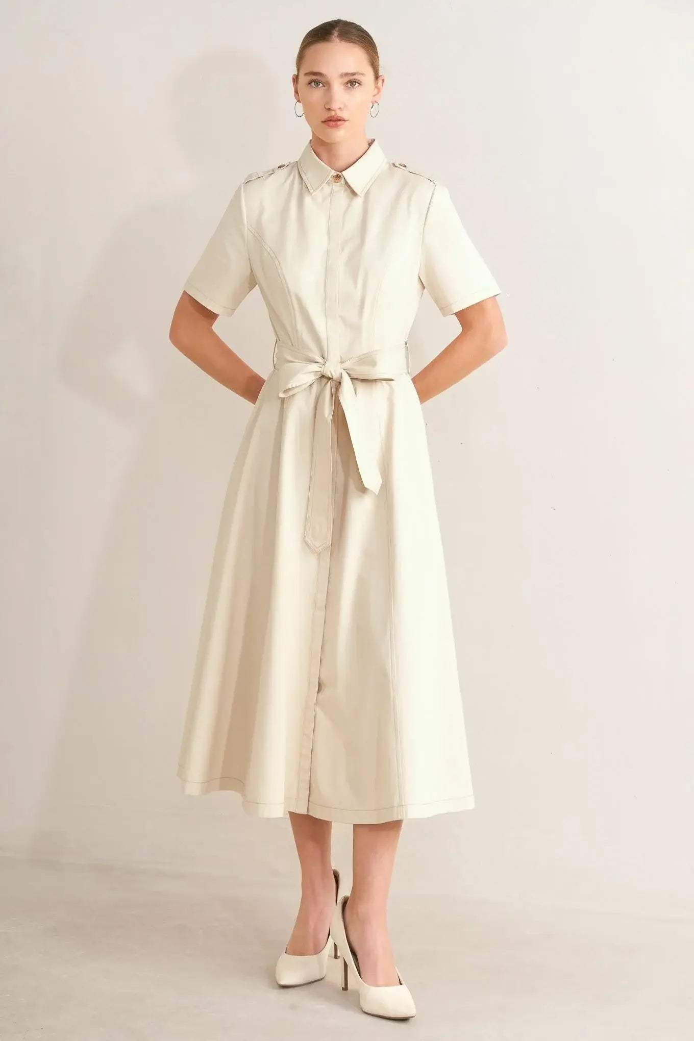 SANDSTONE GRACE WOVEN MIDI SHIRT DRESS - Flying Tomato - Flyclothing LLC