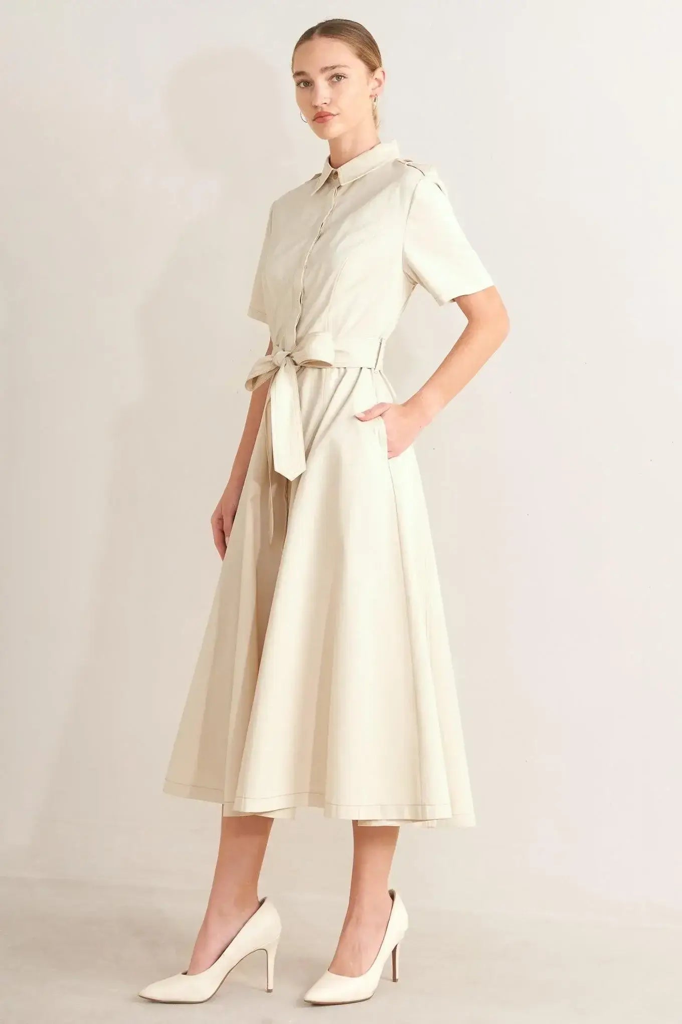 SANDSTONE GRACE WOVEN MIDI SHIRT DRESS - Flying Tomato - Flyclothing LLC