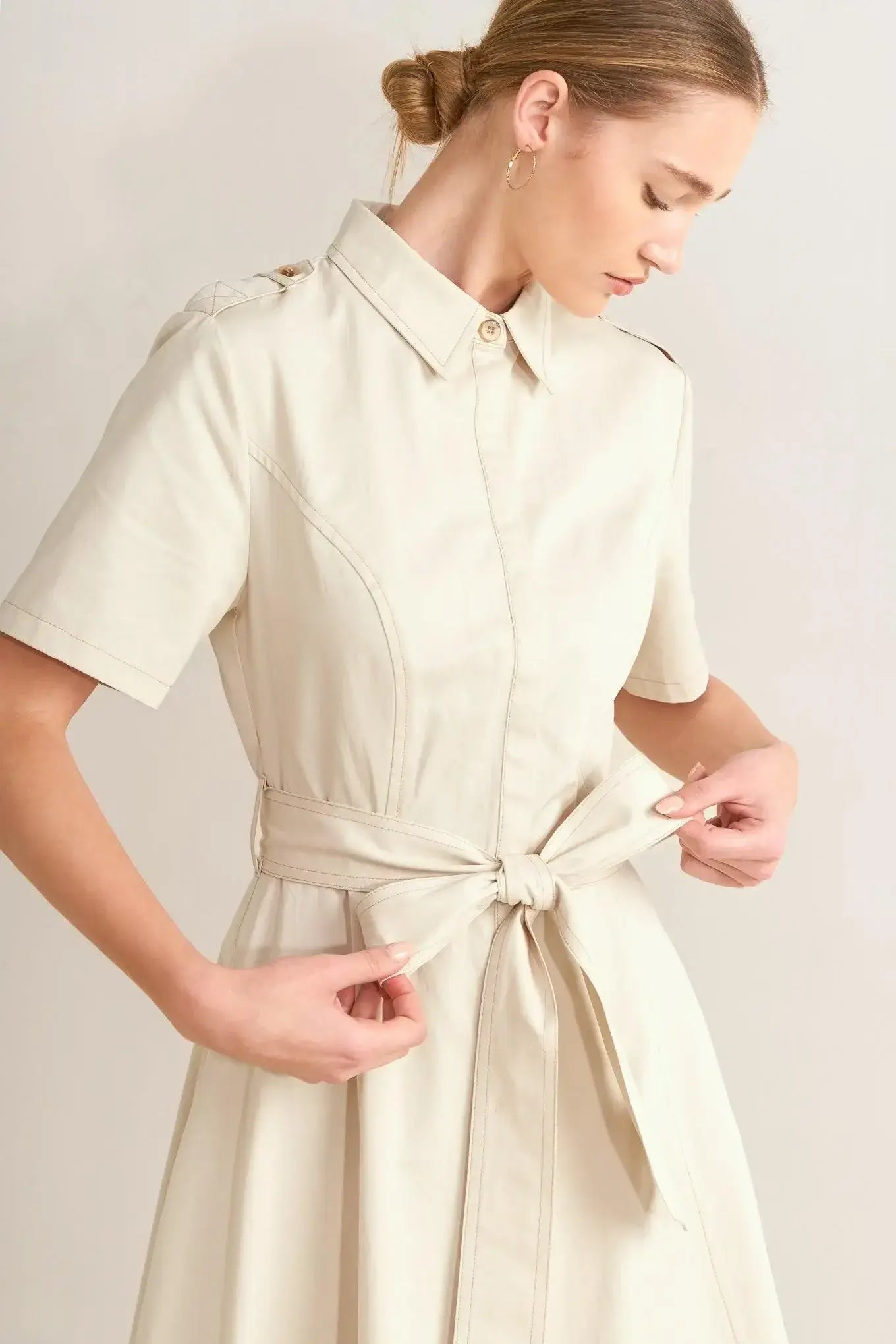 SANDSTONE GRACE WOVEN MIDI SHIRT DRESS - Flying Tomato - Flyclothing LLC