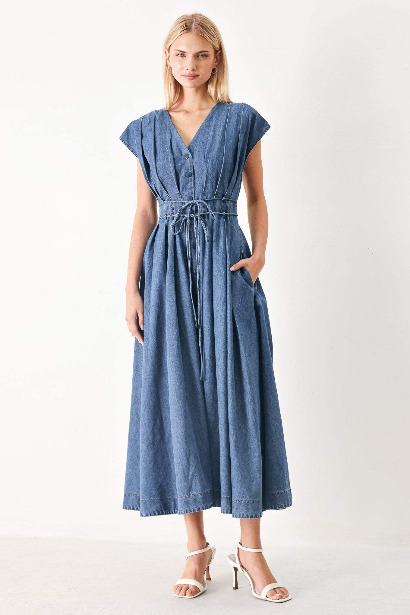 MIDNIGHT FLOW DENIM MIDI DRESS - Flying Tomato - Flyclothing LLC