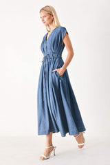 MIDNIGHT FLOW DENIM MIDI DRESS - Flying Tomato - Flyclothing LLC