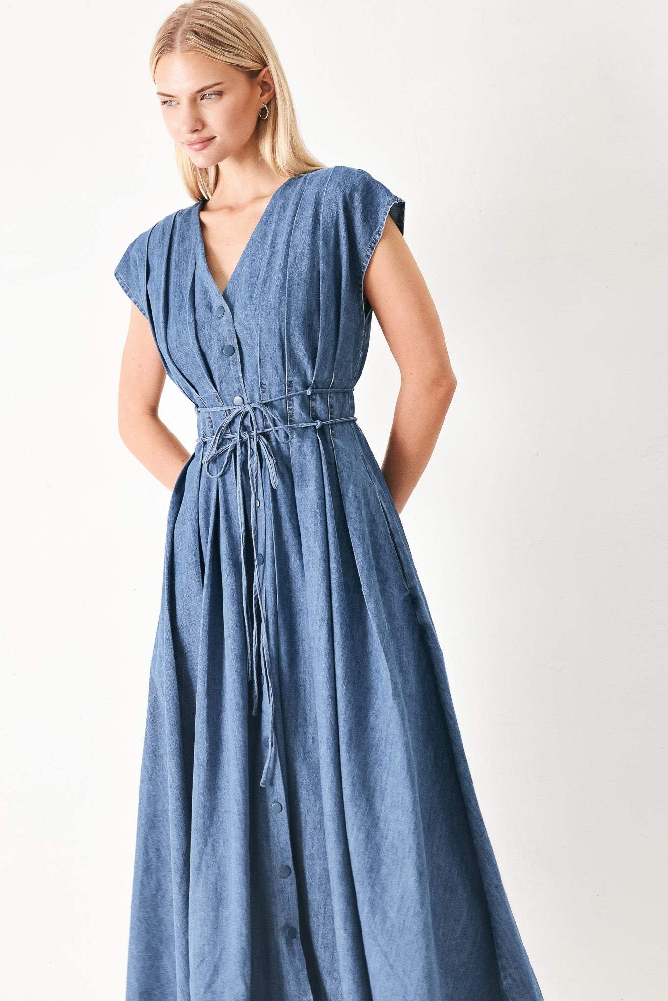 MIDNIGHT FLOW DENIM MIDI DRESS - Flying Tomato - Flyclothing LLC