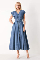 MIDNIGHT FLOW DENIM MIDI DRESS - Flying Tomato - Flyclothing LLC