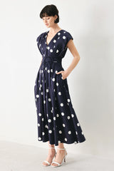 BLUE MOON DOT WOVEN MIDI DRESS - Flying Tomato - Flyclothing LLC