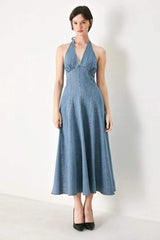 BLUE BLOSSOM DENIM MIDI DRESS - Flying Tomato - Flyclothing LLC