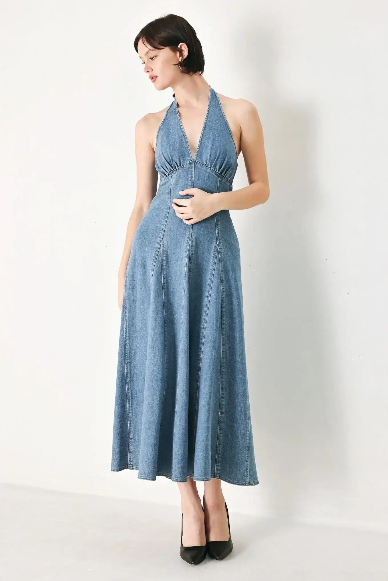 BLUE BLOSSOM DENIM MIDI DRESS - Flying Tomato - Flyclothing LLC