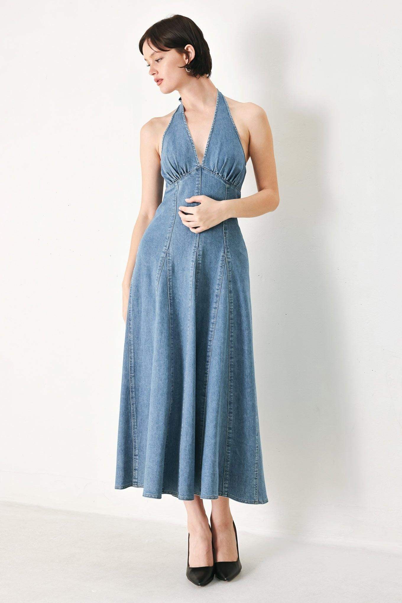 BLUE BLOSSOM DENIM MIDI DRESS - Flying Tomato - Flyclothing LLC