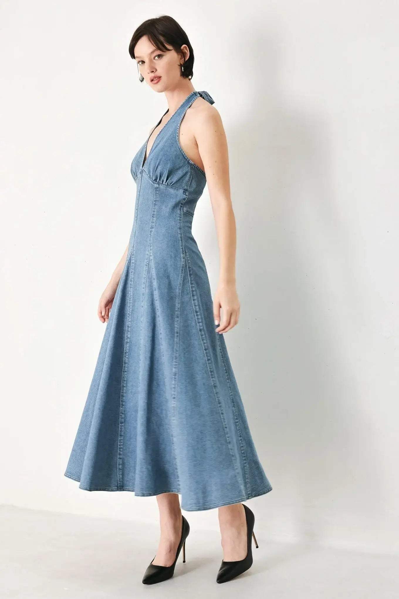 BLUE BLOSSOM DENIM MIDI DRESS - Flying Tomato - Flyclothing LLC