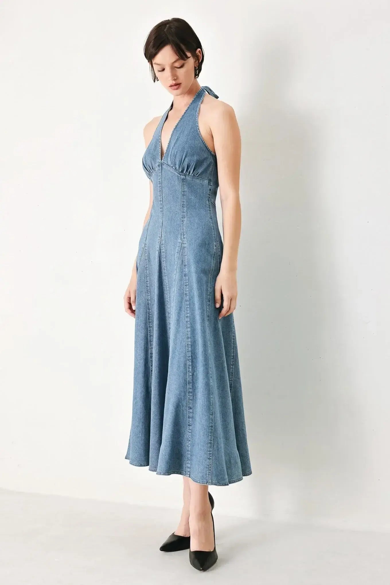 BLUE BLOSSOM DENIM MIDI DRESS - Flying Tomato - Flyclothing LLC