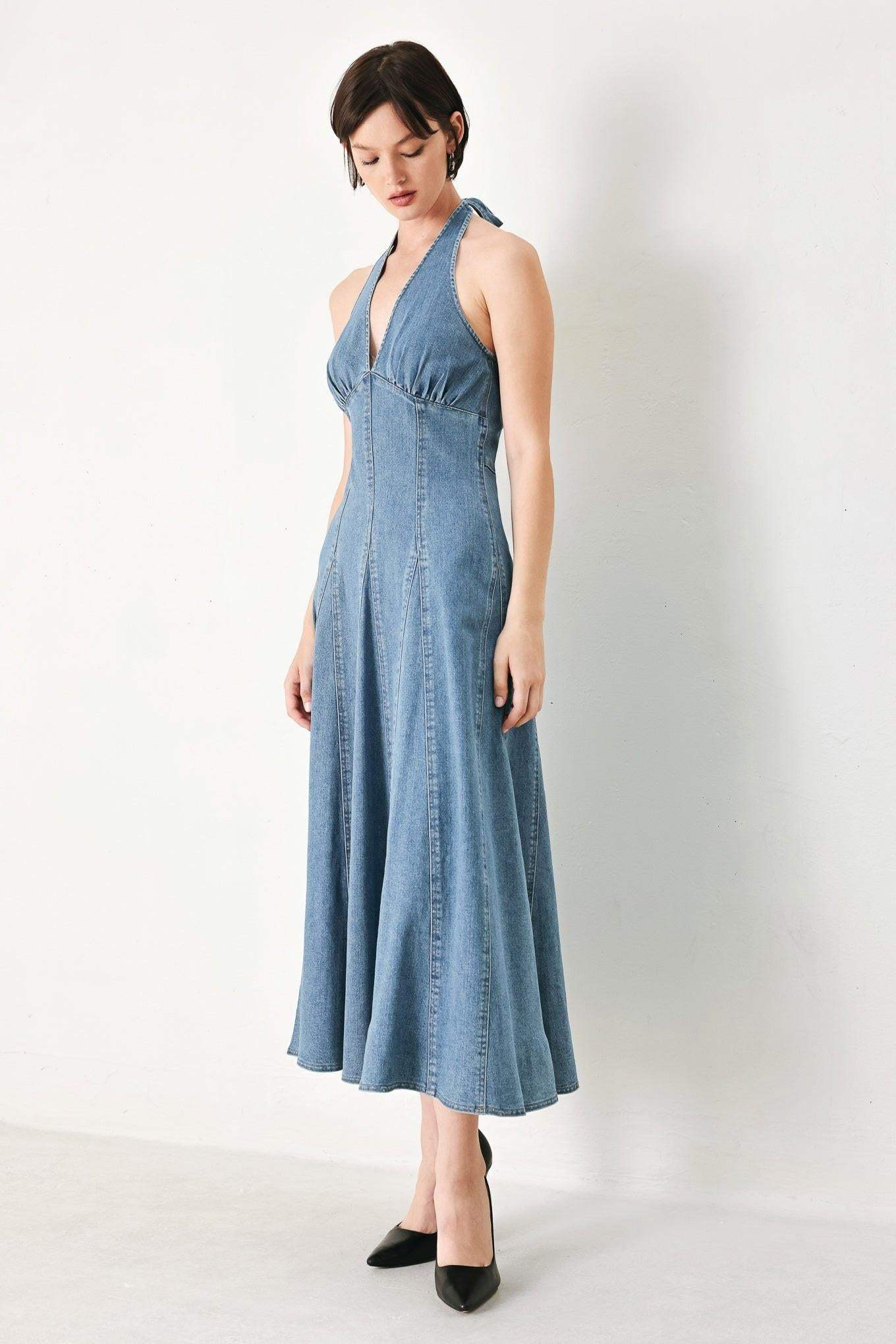 BLUE BLOSSOM DENIM MIDI DRESS - Flying Tomato - Flyclothing LLC