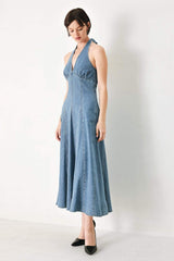 BLUE BLOSSOM DENIM MIDI DRESS - Flying Tomato - Flyclothing LLC