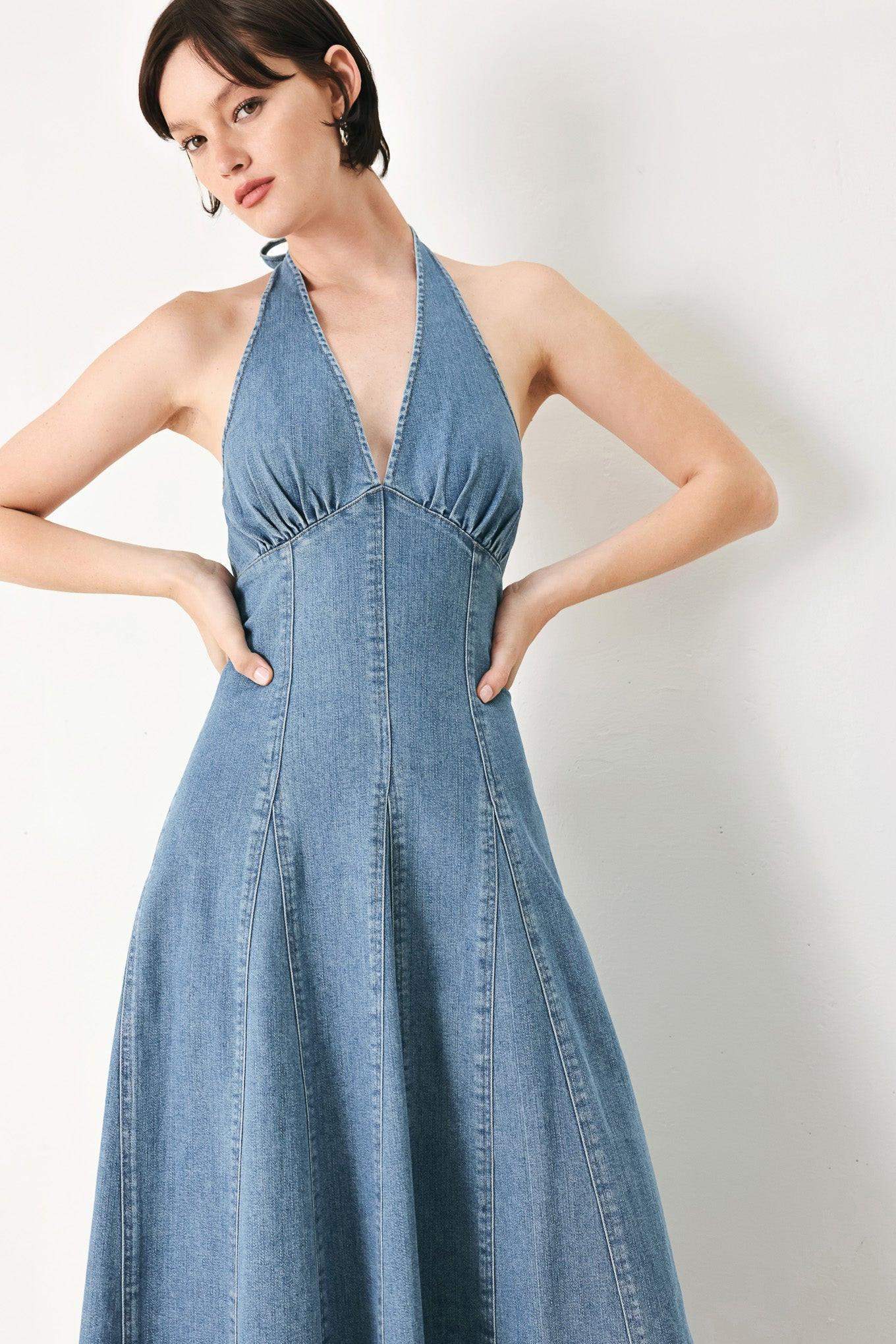 BLUE BLOSSOM DENIM MIDI DRESS - Flying Tomato - Flyclothing LLC