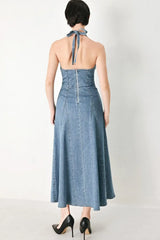 BLUE BLOSSOM DENIM MIDI DRESS - Flying Tomato - Flyclothing LLC