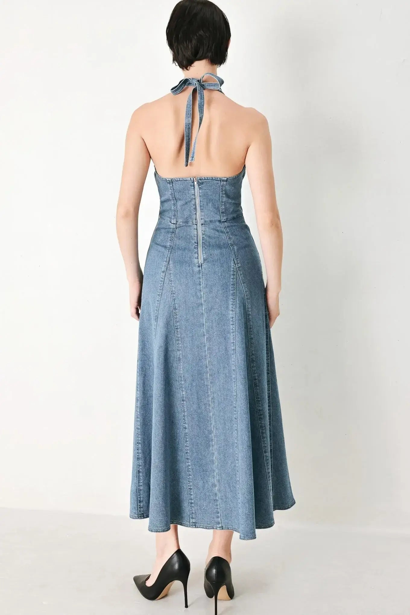 BLUE BLOSSOM DENIM MIDI DRESS - Flying Tomato - Flyclothing LLC