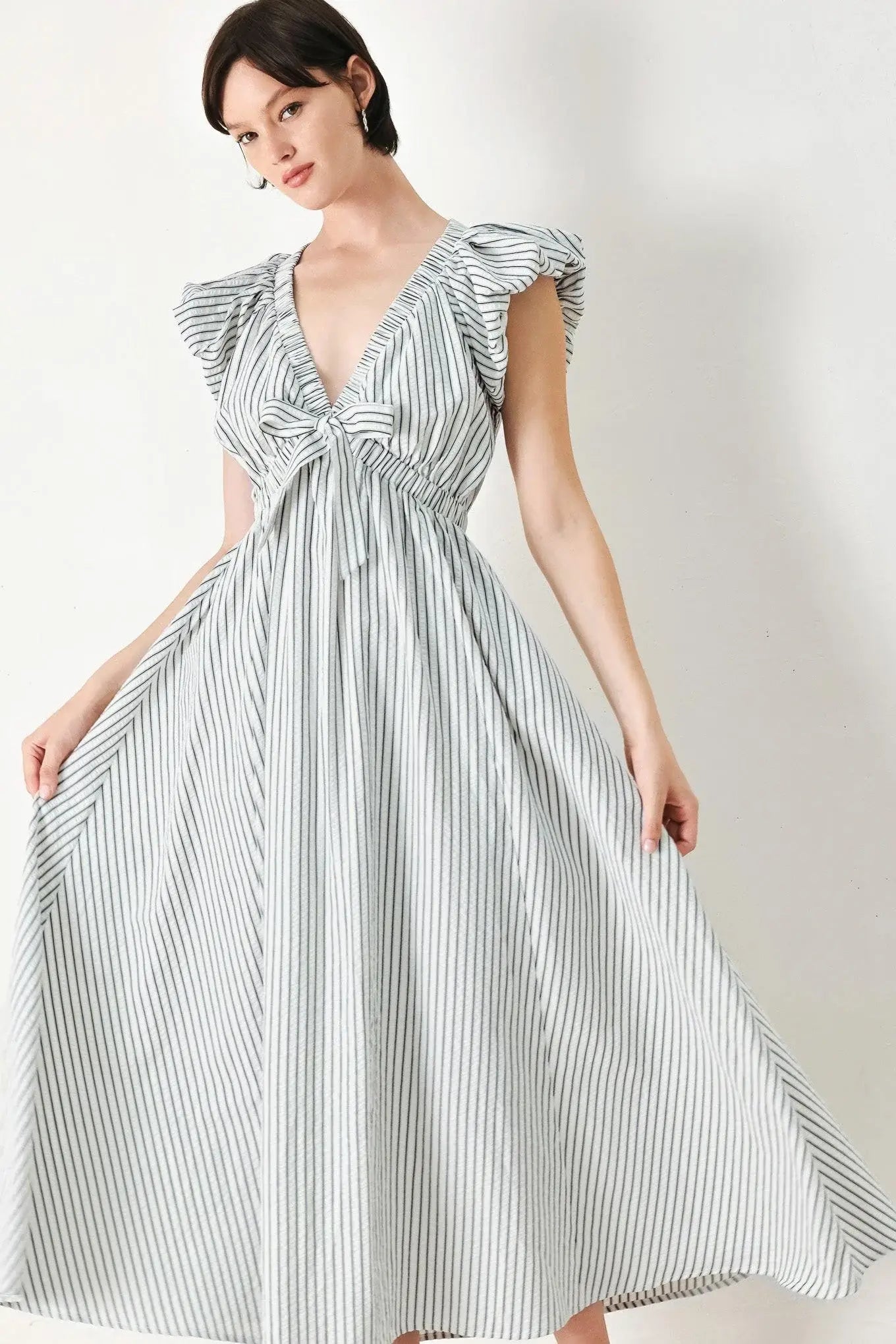WHISPER STRIPE WOVEN MIDI DRESS - Flying Tomato - Flyclothing LLC