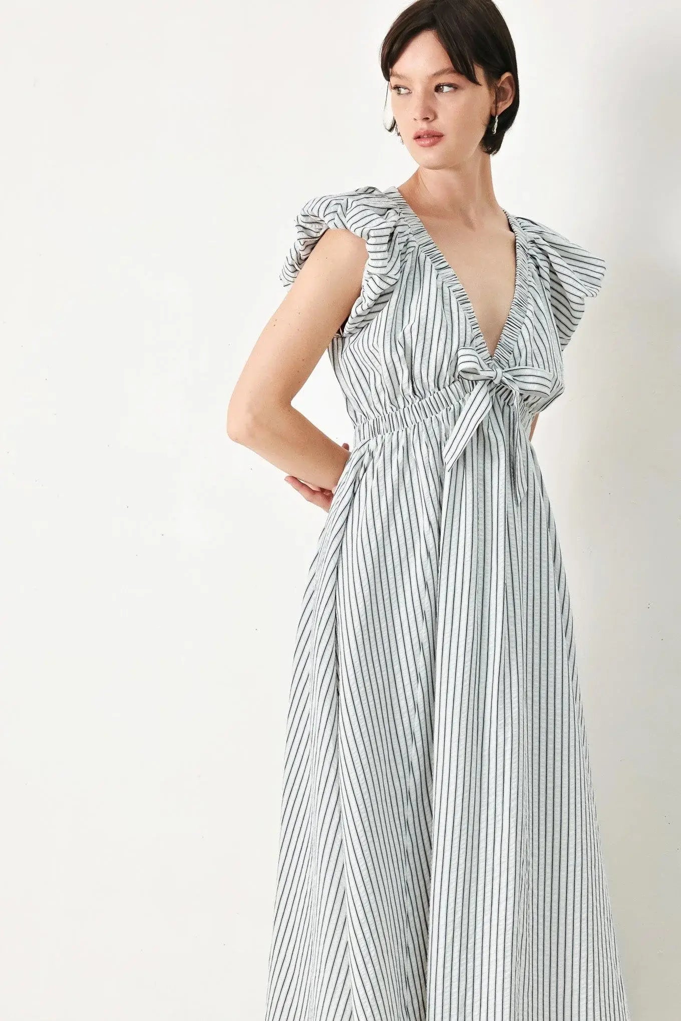WHISPER STRIPE WOVEN MIDI DRESS - Flying Tomato - Flyclothing LLC