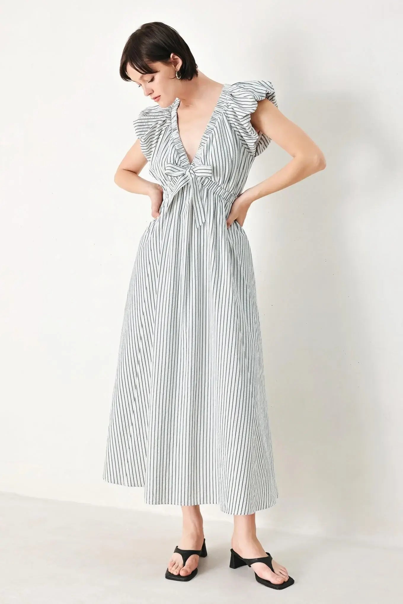 WHISPER STRIPE WOVEN MIDI DRESS - Flying Tomato - Flyclothing LLC