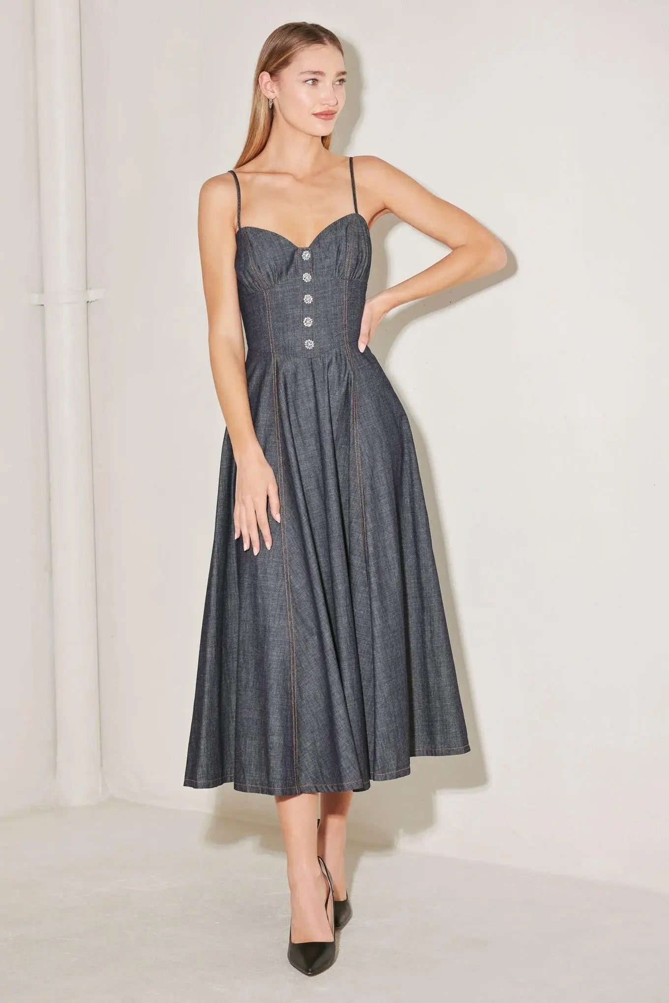 AFTER HOURS SERENADE DENIM MIDI DRESS - Flying Tomato - Flyclothing LLC