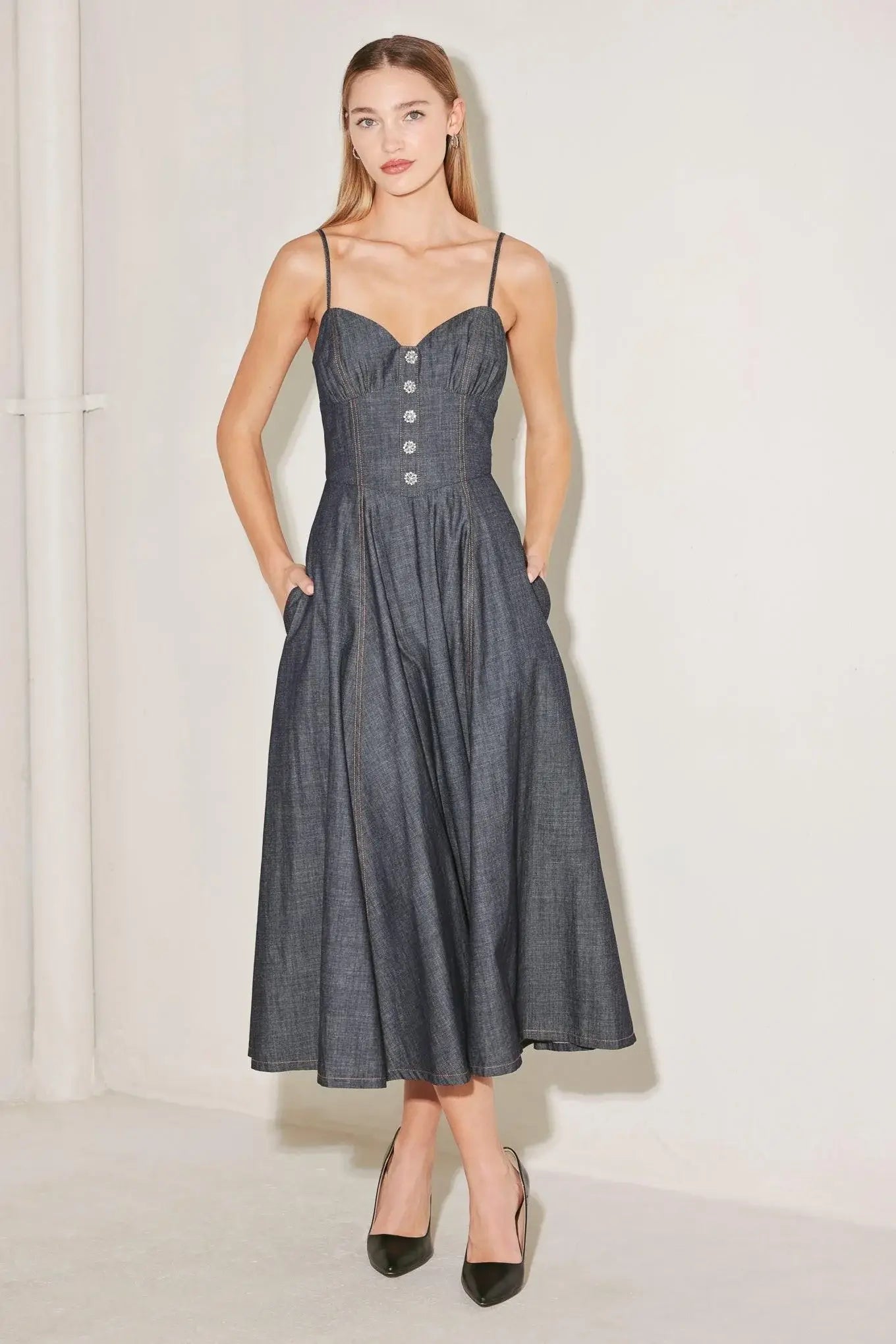AFTER HOURS SERENADE DENIM MIDI DRESS - Flying Tomato - Flyclothing LLC