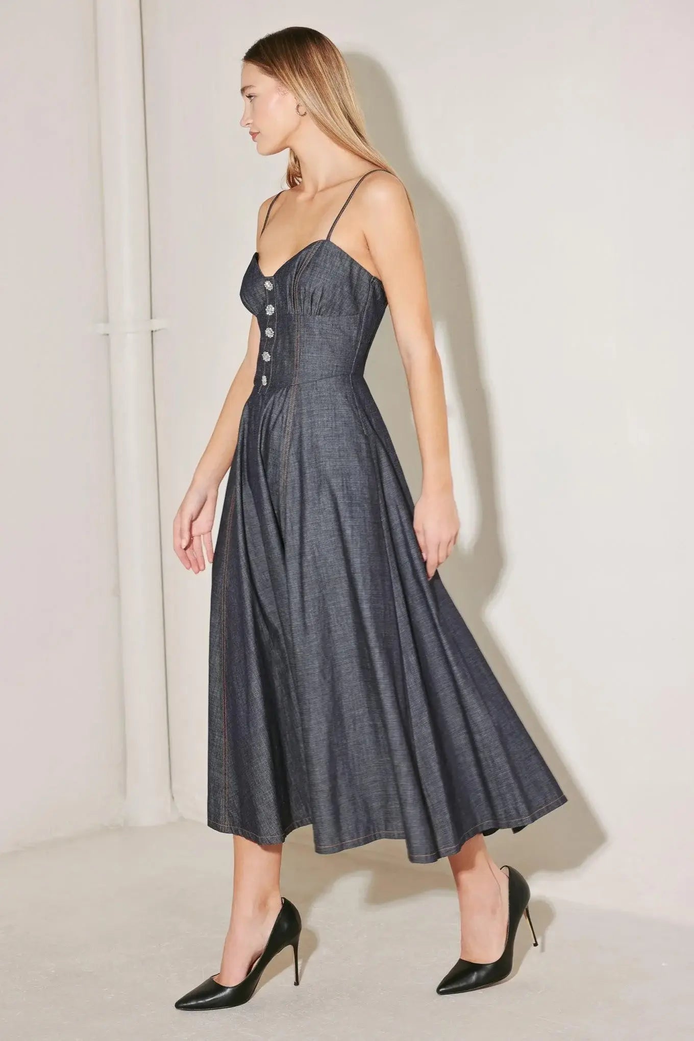 AFTER HOURS SERENADE DENIM MIDI DRESS - Flying Tomato - Flyclothing LLC