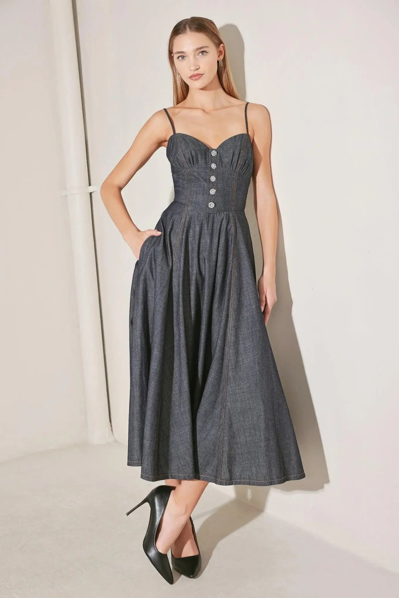 AFTER HOURS SERENADE DENIM MIDI DRESS - Flying Tomato - Flyclothing LLC