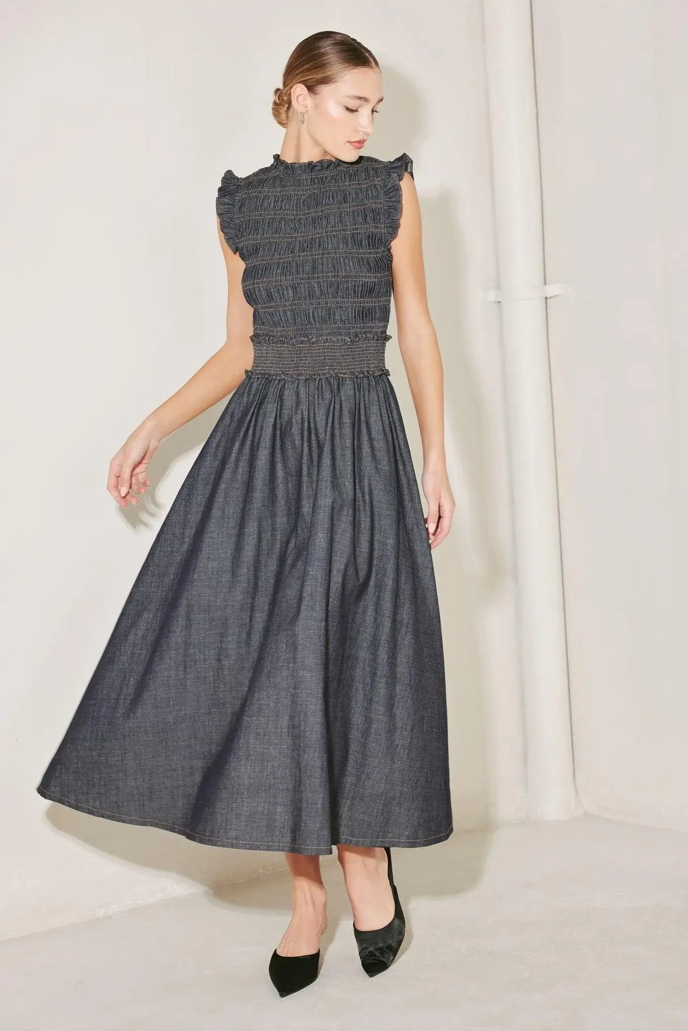 ROMANTIC REVERIE DENIM MIDI DRESS - Flying Tomato - Flyclothing LLC