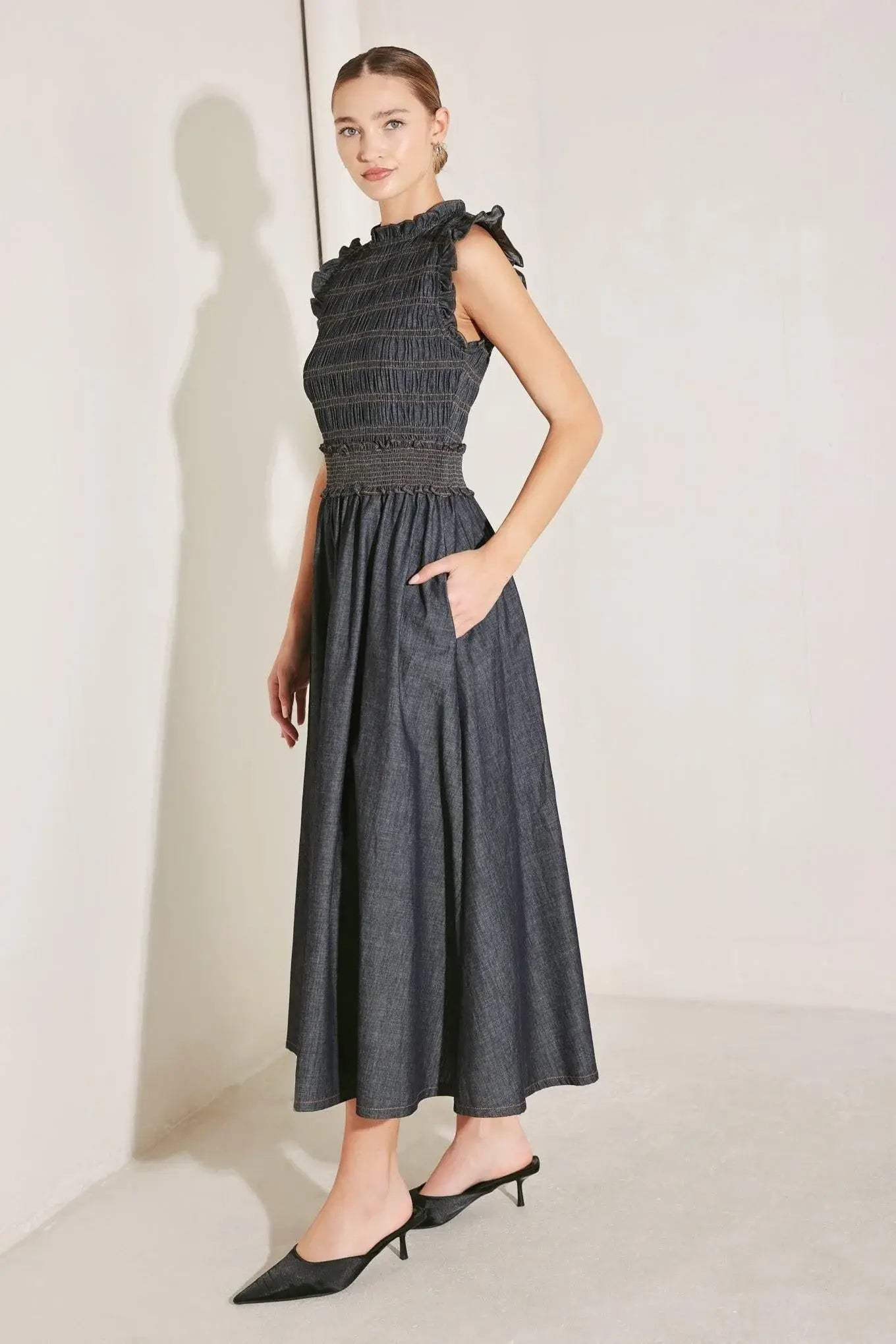 ROMANTIC REVERIE DENIM MIDI DRESS - Flying Tomato - Flyclothing LLC