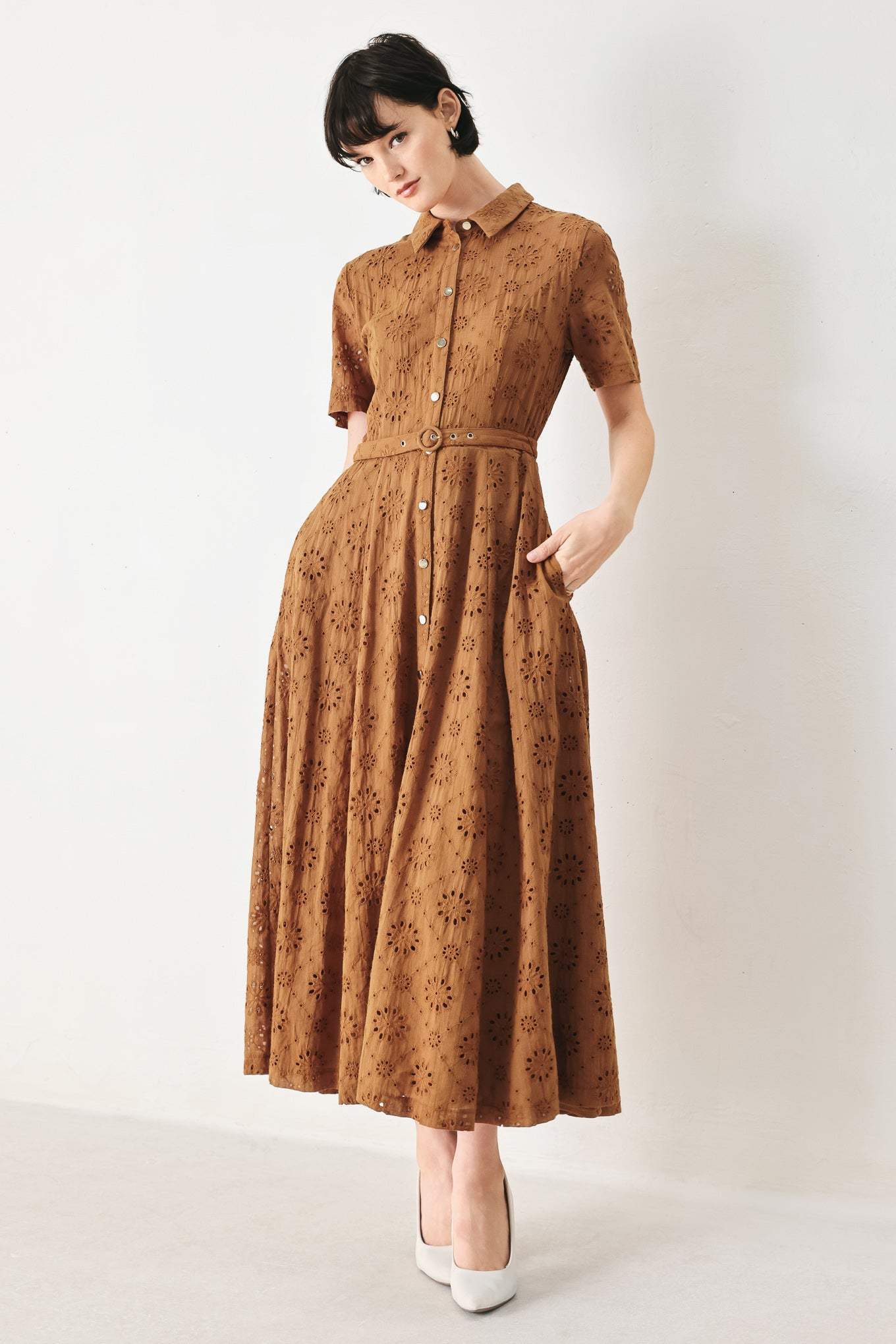TIMELESS LOVE WOVEN EYELET MIDI DRESS - Flying Tomato - Flyclothing LLC