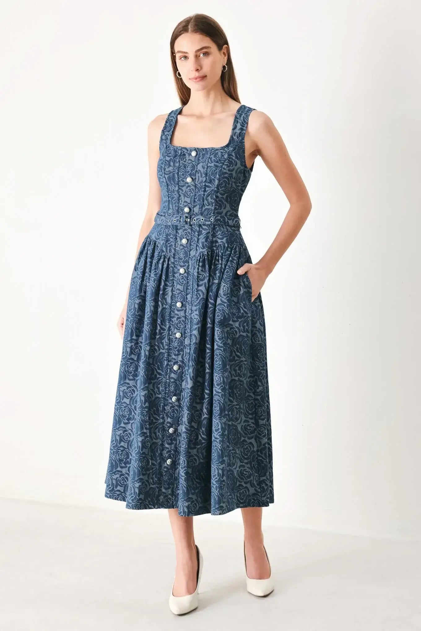 MIDNIGHT GARDEN DENIM MIDI DRESS - Flying Tomato - Flyclothing LLC