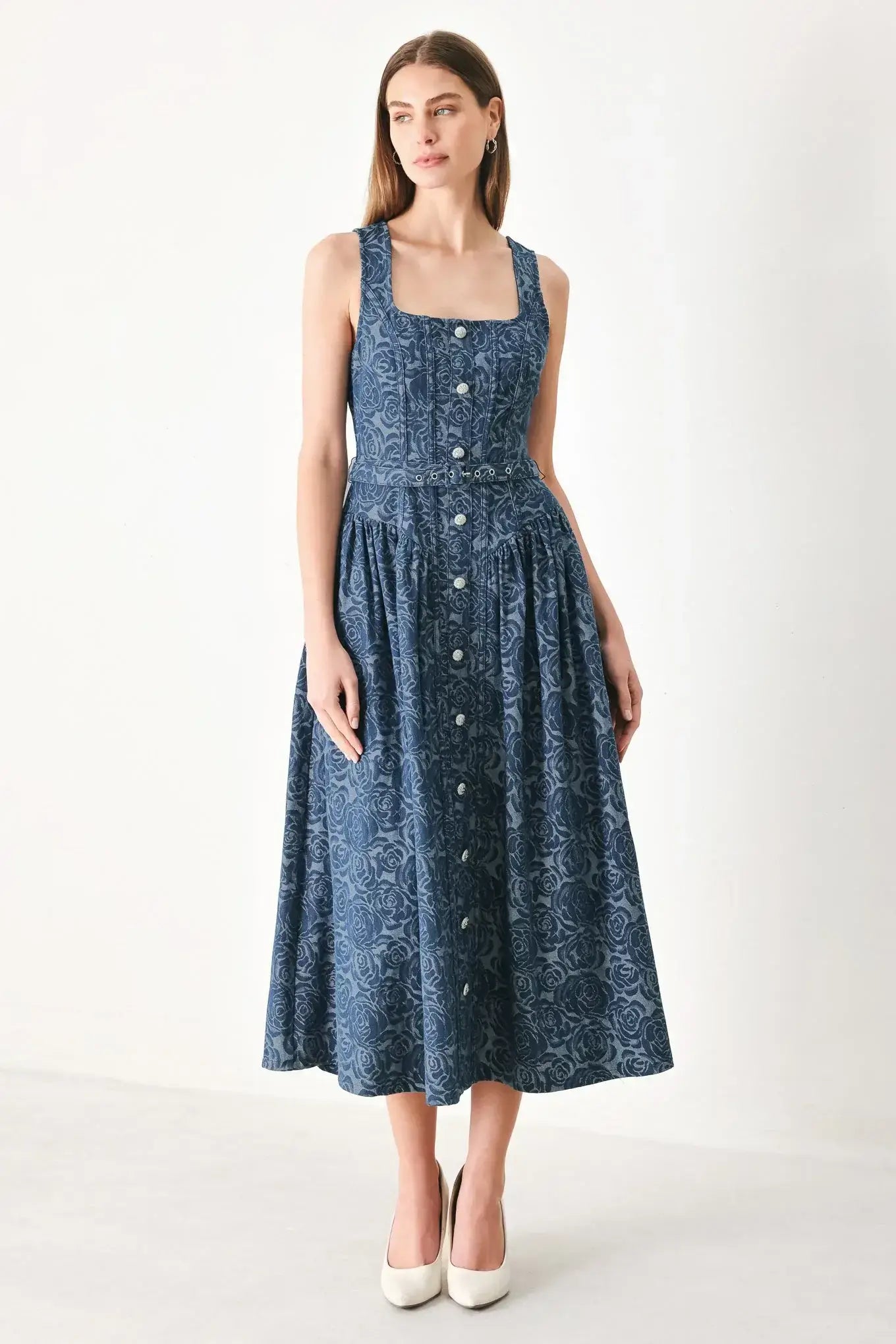MIDNIGHT GARDEN DENIM MIDI DRESS - Flying Tomato - Flyclothing LLC