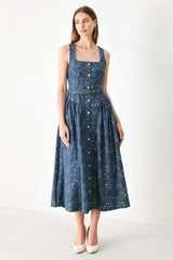 MIDNIGHT GARDEN DENIM MIDI DRESS - Flying Tomato - Flyclothing LLC