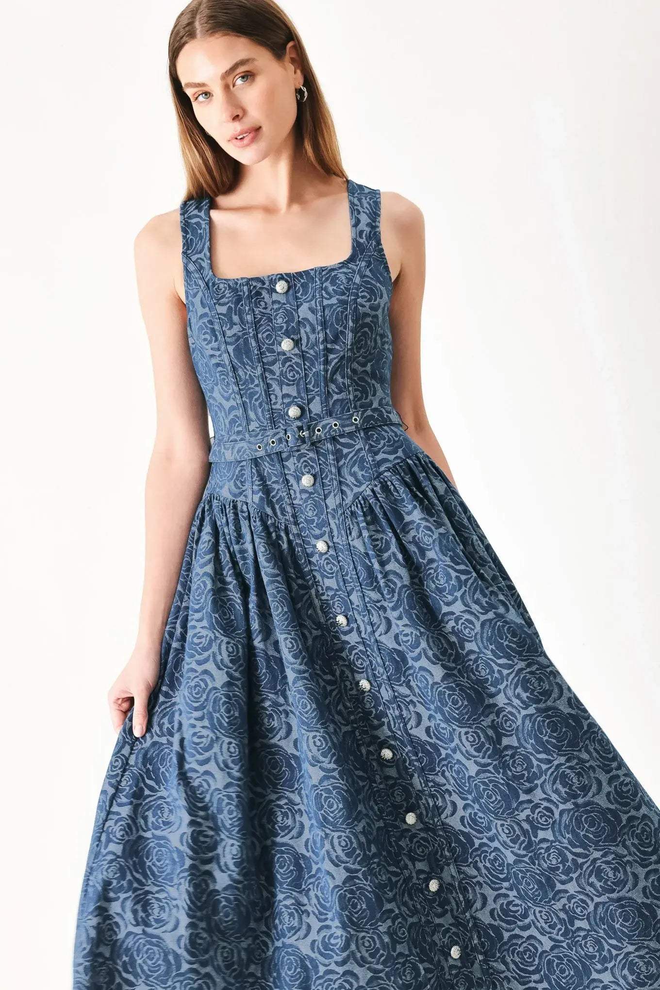 MIDNIGHT GARDEN DENIM MIDI DRESS - Flying Tomato - Flyclothing LLC