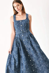 MIDNIGHT GARDEN DENIM MIDI DRESS - Flying Tomato - Flyclothing LLC