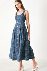 MIDNIGHT GARDEN DENIM MIDI DRESS - Flying Tomato - Flyclothing LLC