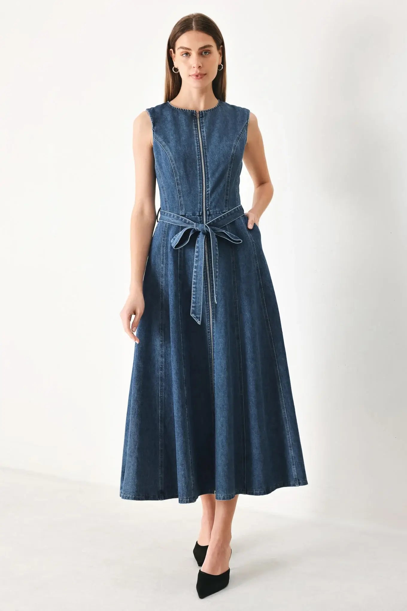 INDIGO SILHOUETTE DENIM MIDI DRESS - Flying Tomato - Flyclothing LLC