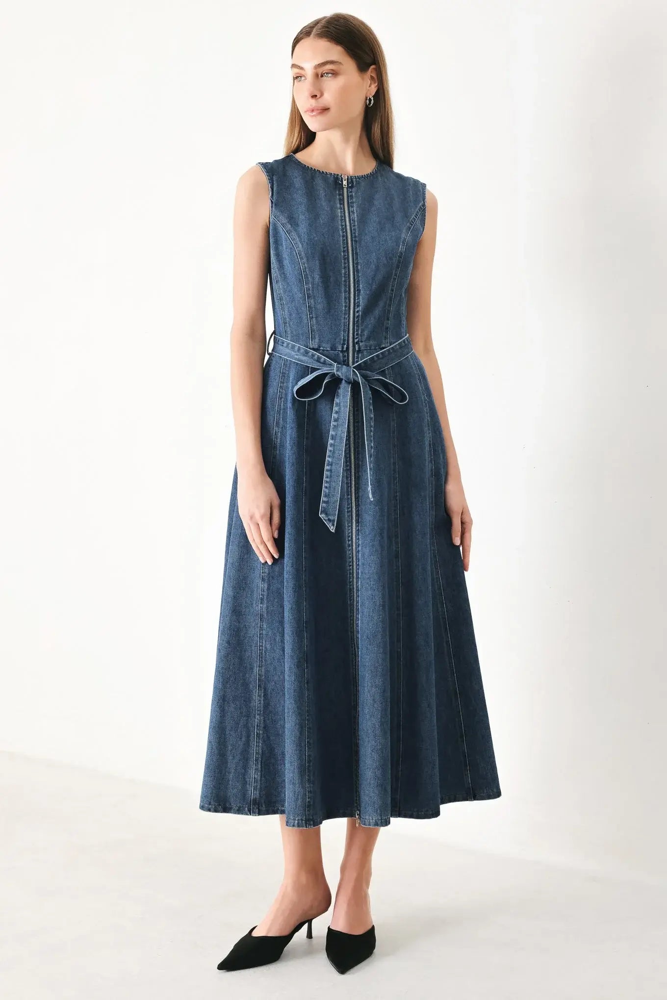 INDIGO SILHOUETTE DENIM MIDI DRESS - Flying Tomato - Flyclothing LLC