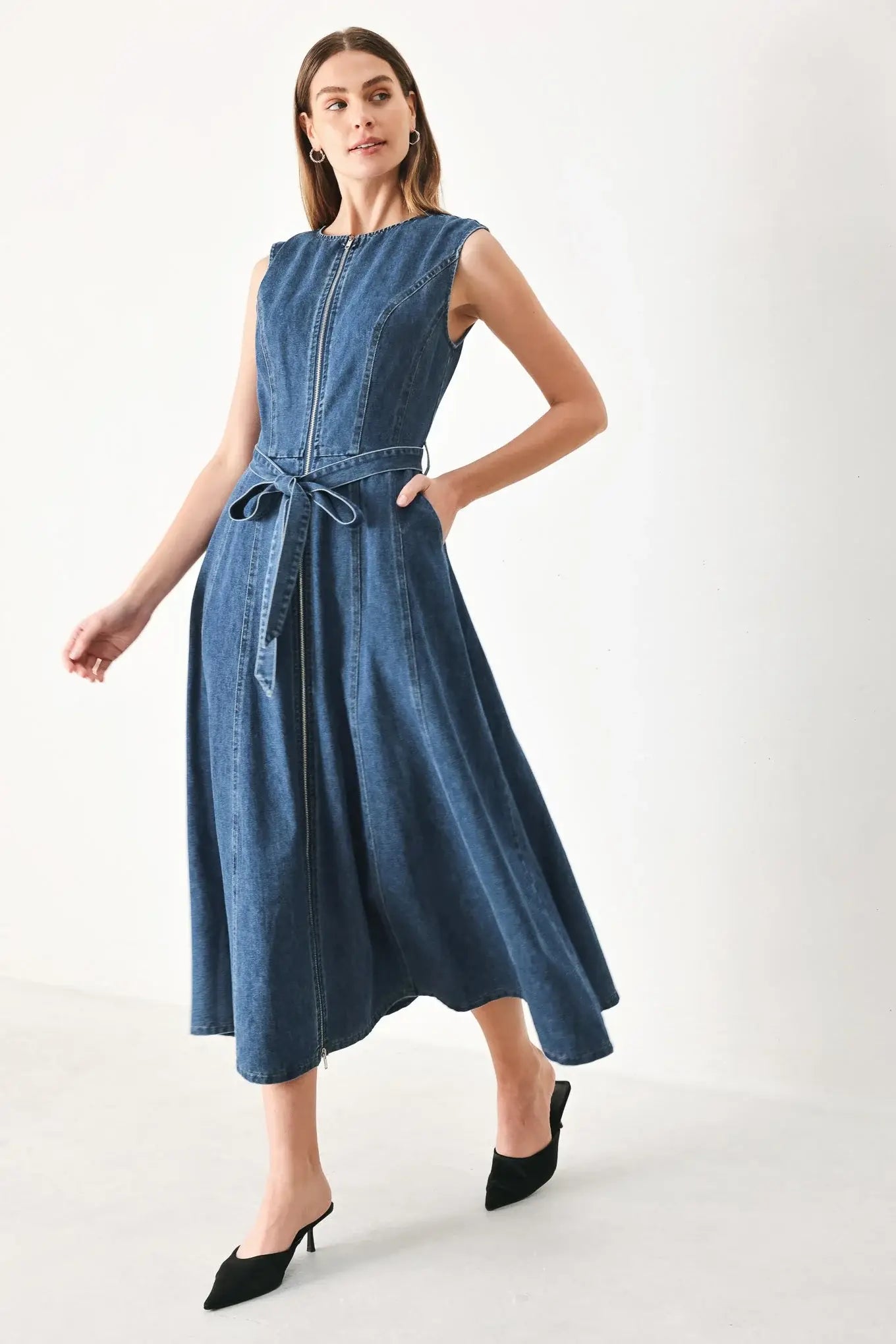 INDIGO SILHOUETTE DENIM MIDI DRESS - Flying Tomato - Flyclothing LLC