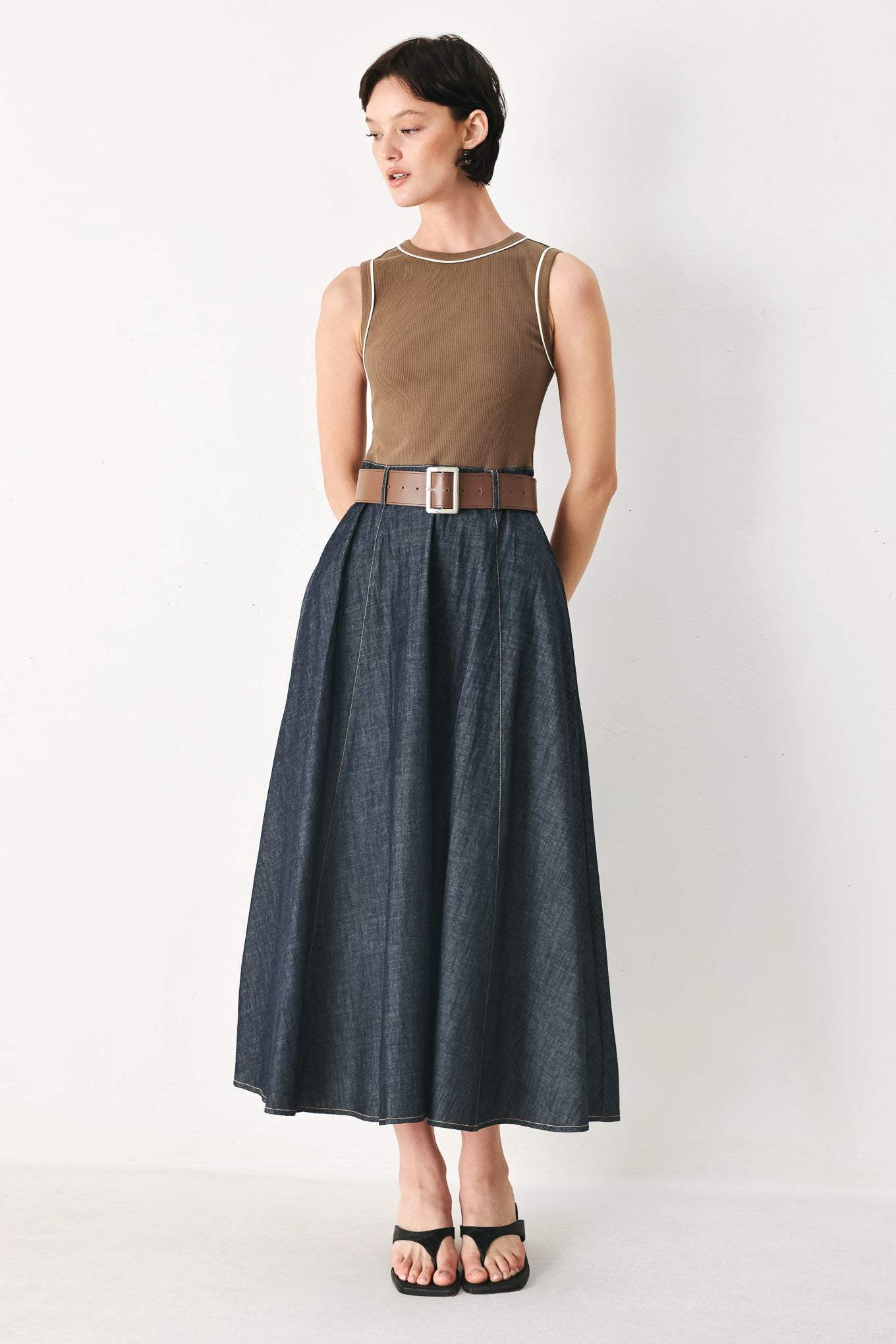 ESPRESSO HOUR DENIM COMBINATION MIDI DRESS - Flying Tomato - Flyclothing LLC