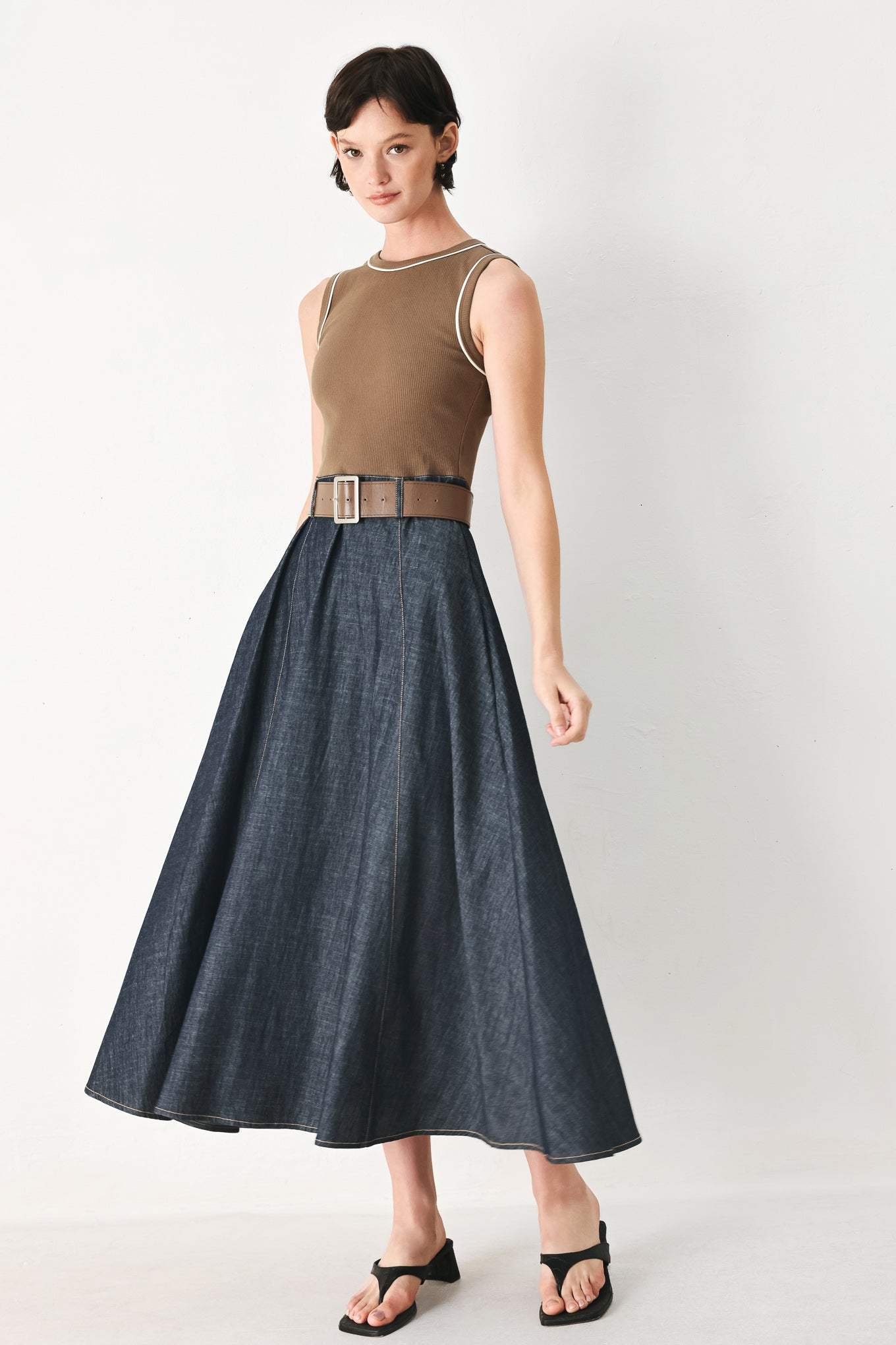 ESPRESSO HOUR DENIM COMBINATION MIDI DRESS - Flying Tomato - Flyclothing LLC
