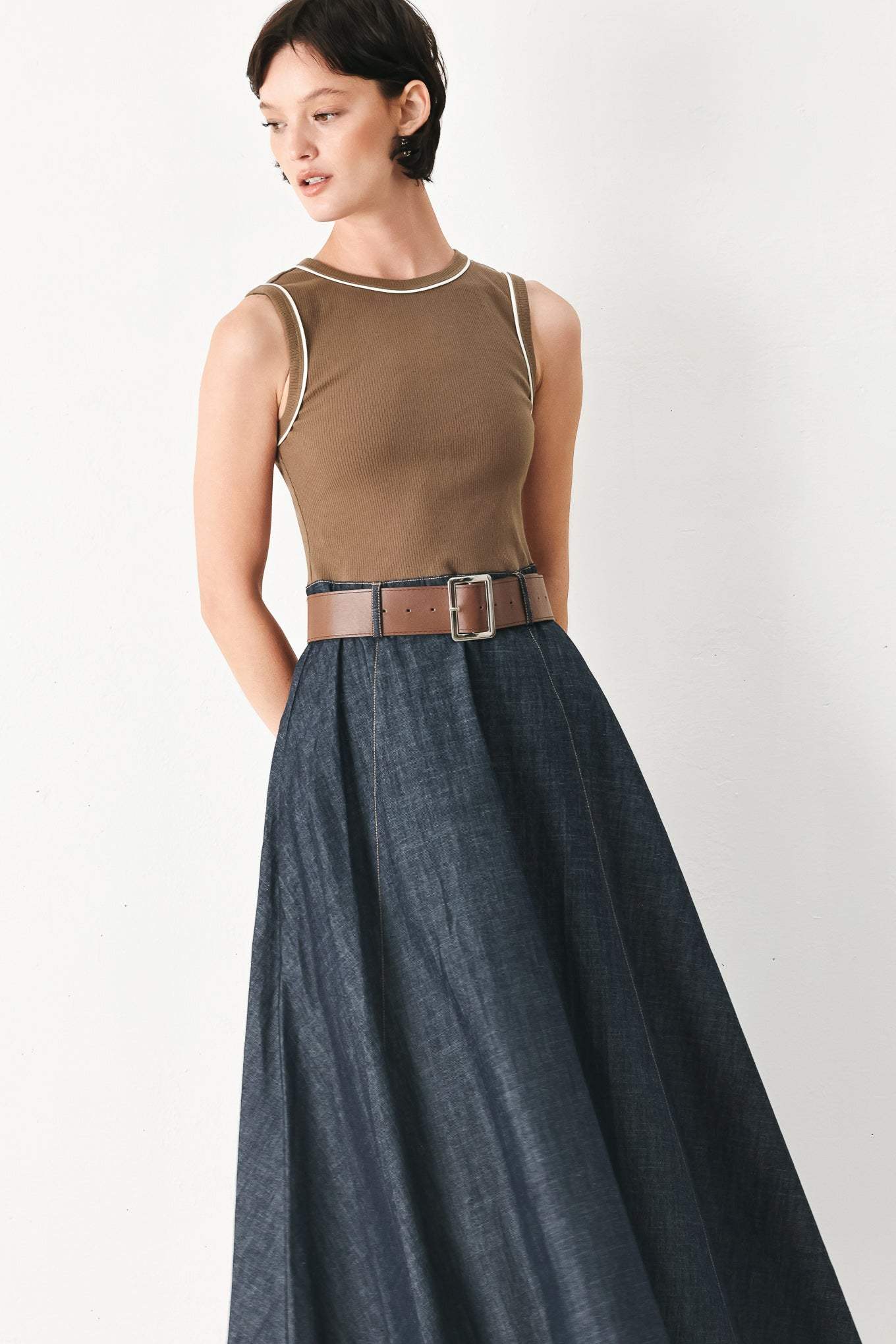ESPRESSO HOUR DENIM COMBINATION MIDI DRESS - Flying Tomato - Flyclothing LLC