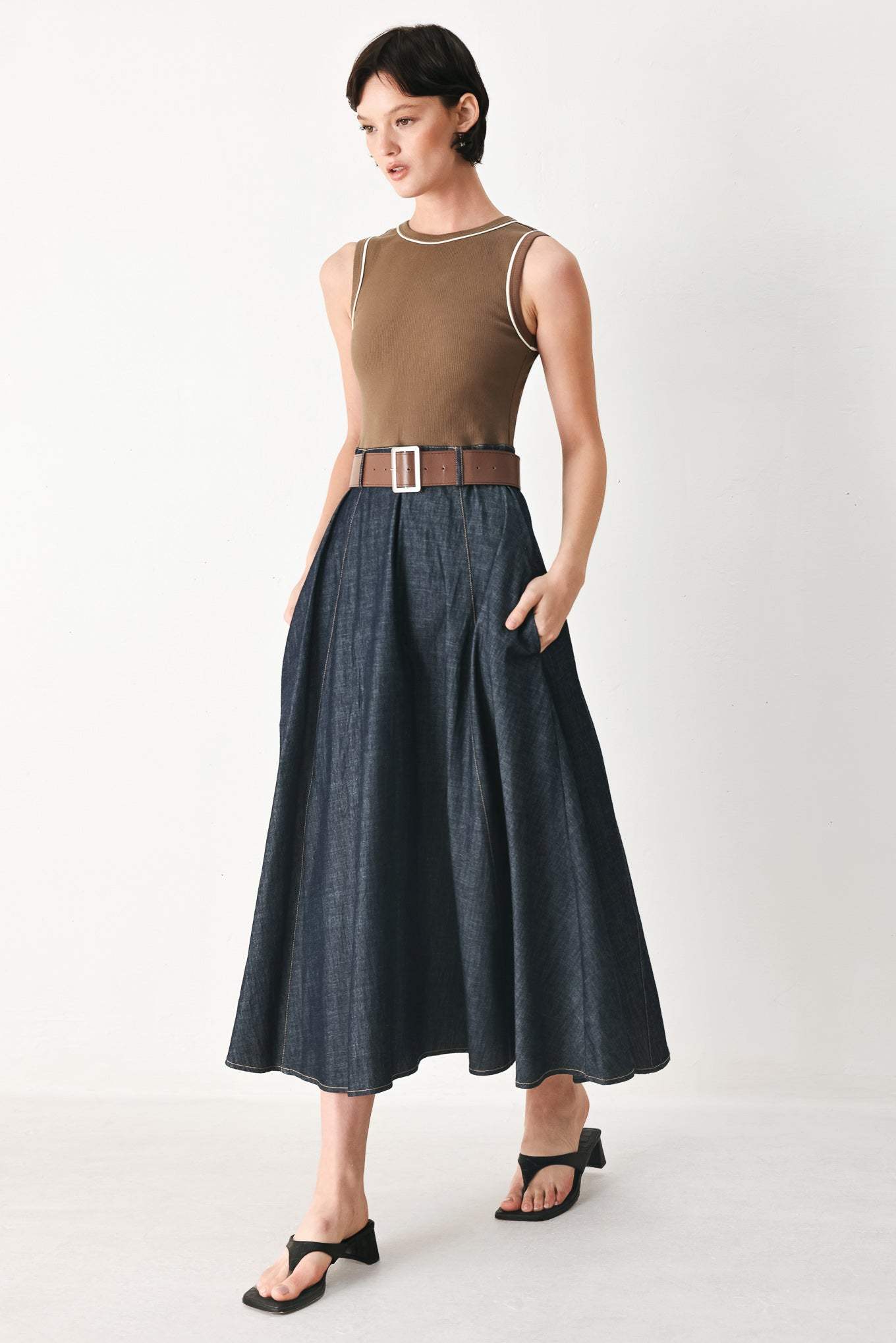 ESPRESSO HOUR DENIM COMBINATION MIDI DRESS - Flying Tomato - Flyclothing LLC
