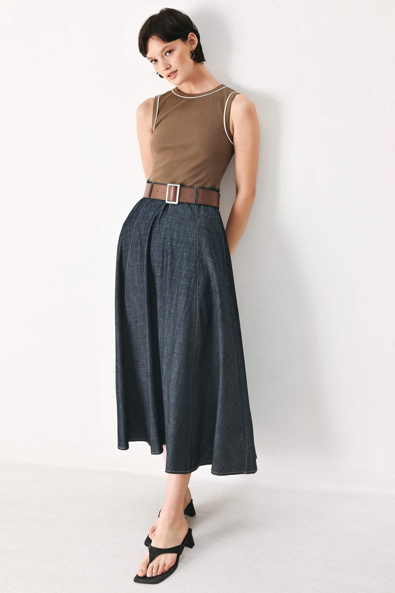 ESPRESSO HOUR DENIM COMBINATION MIDI DRESS - Flying Tomato - Flyclothing LLC