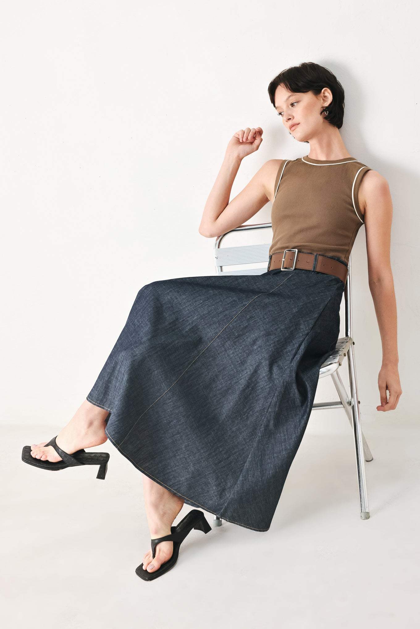 ESPRESSO HOUR DENIM COMBINATION MIDI DRESS - Flying Tomato - Flyclothing LLC