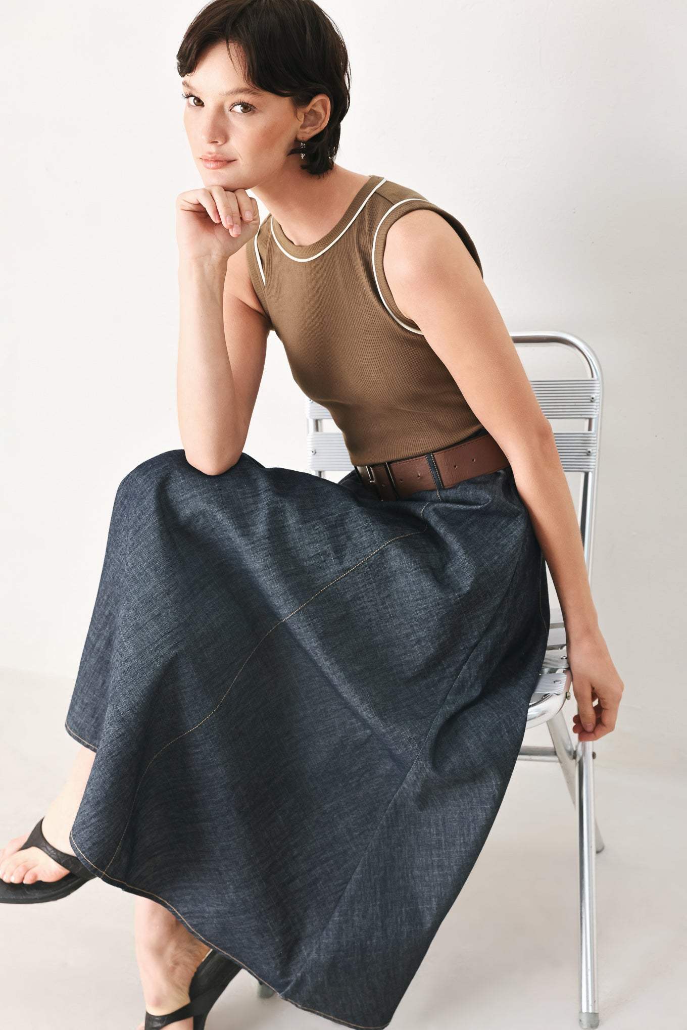 ESPRESSO HOUR DENIM COMBINATION MIDI DRESS - Flying Tomato - Flyclothing LLC