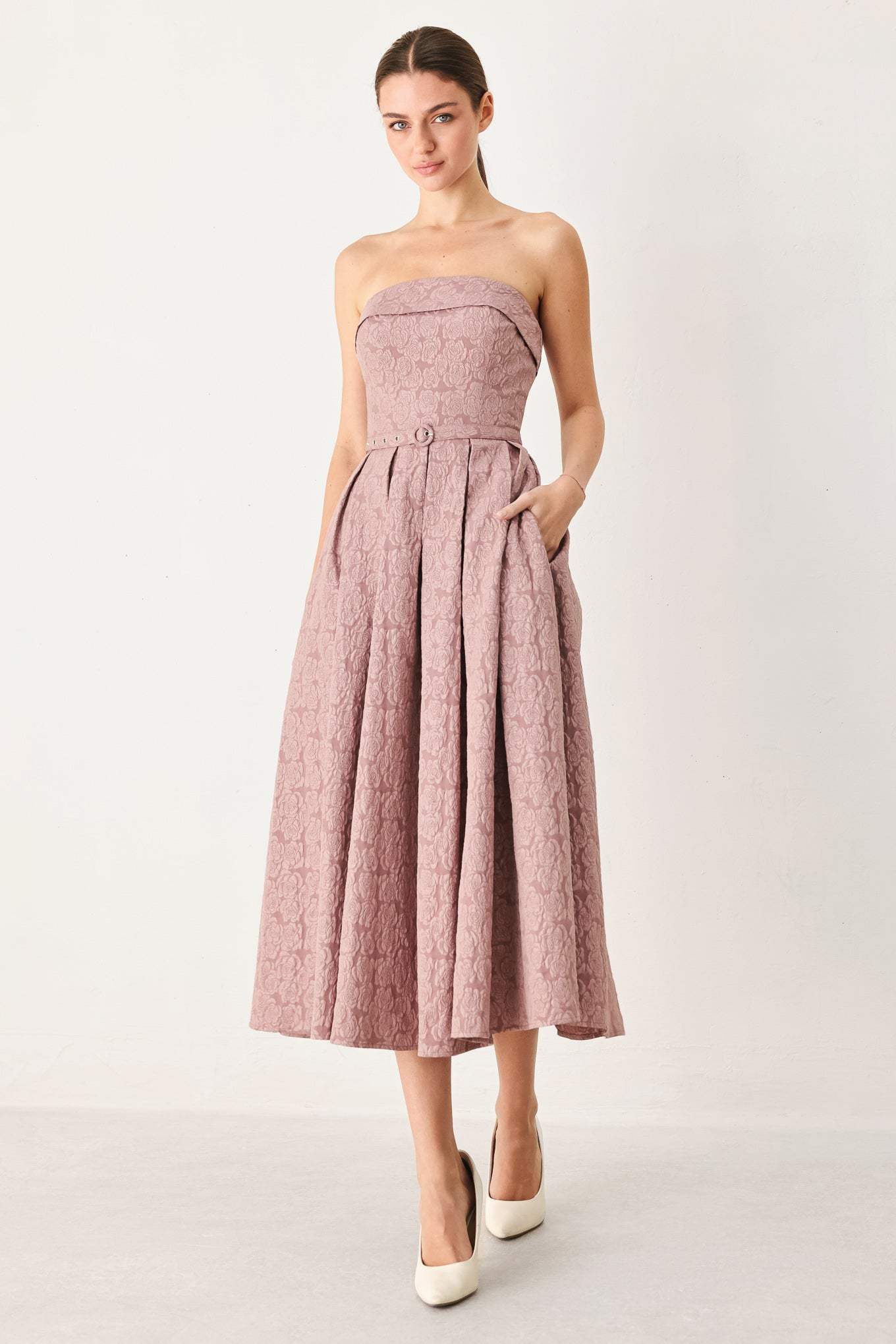 ROSETTE BANDEAU WOVEN MIDI DRESS